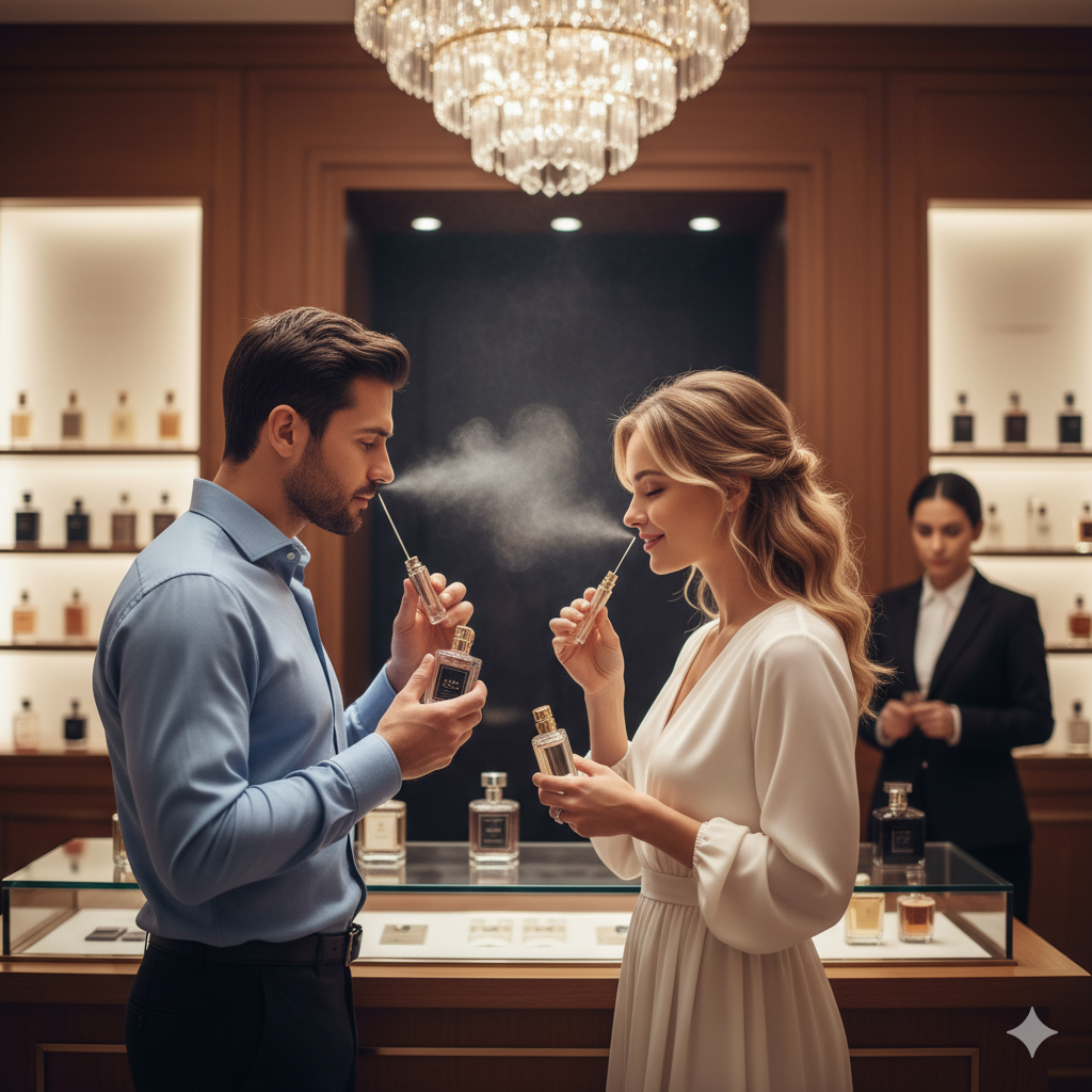 hombre y mujer con perfumes