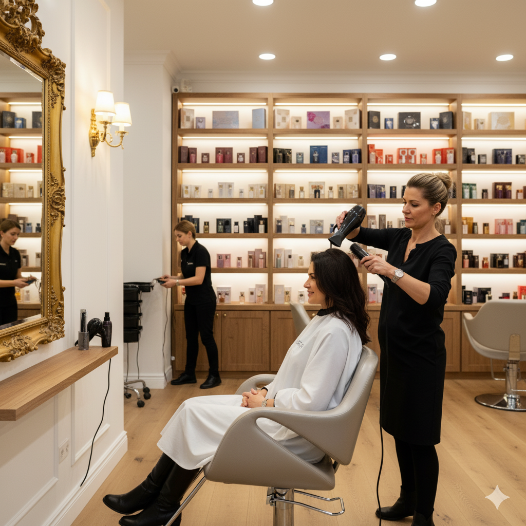 mujer en peluqueria fondo perfumes
